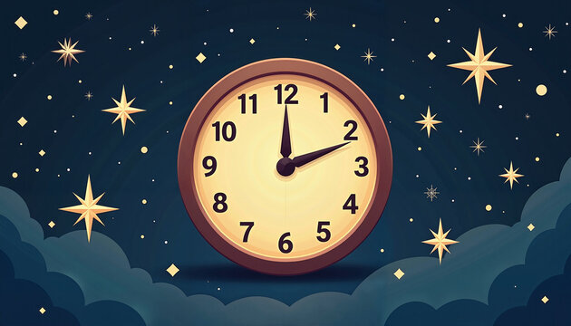 Clock showing midnight in a starry night sky

