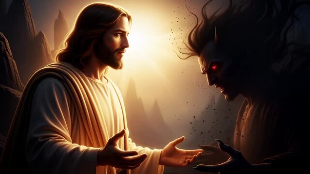 Jesus man and devil man facing off in a three-frame sequence, a conceptual battle of good versus evil in a bright desert