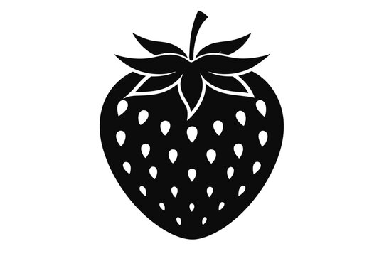 Single Strawberry Berry Silhouette with Stem - Black Minimalist Botanical Graphic Vector for Menu and Signage Design - Powered by Adobe