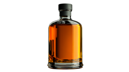 Amber liquid in glass bottle with black cap isolated on a transparent background 1