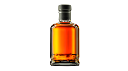 Amber liquid in glass bottle with black cap isolated on a transparent background