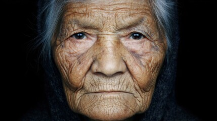 Elderly woman with deep facial lines staring directly at the viewer