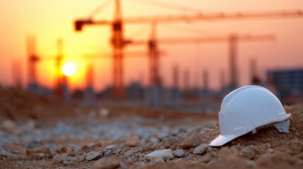 Construction site at sunset with a hard hat on the ground near cranes
