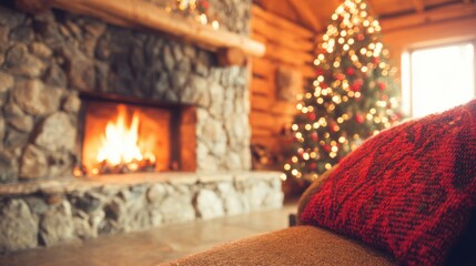 Naklejka premium Cozy living room with a fireplace and Christmas tree during holiday season