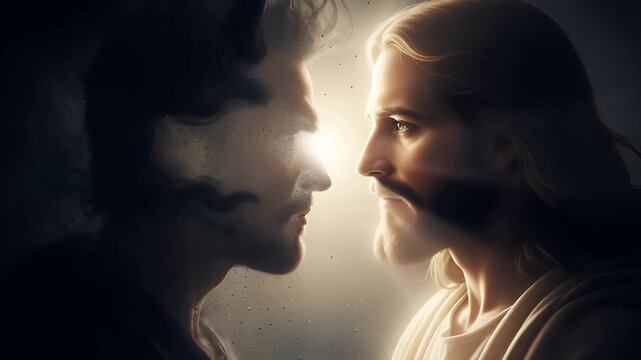 Man with horns facing man with halo, representing conflict between good and evil. Biblical concept.