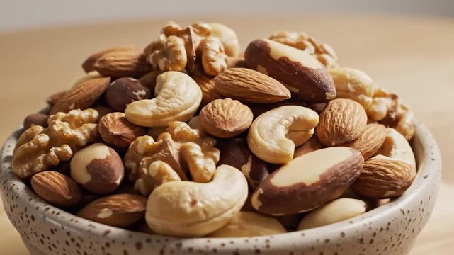 Bowl of assorted nuts on wooden table