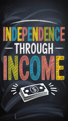 Chalkboard financial illustration with colorful typography and money stack, text "INDEPENDENCE THROUGH INCOME"
