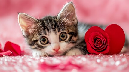 A cute kitten lies on a pink surface with a red heart and rose, looking adorable and playful. Valentine day Special
