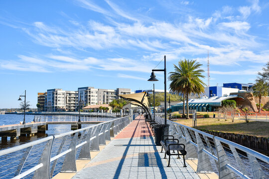 View along the Southbank Riverwalk walking path near downtown Jacksonville in Duval County, Florida.