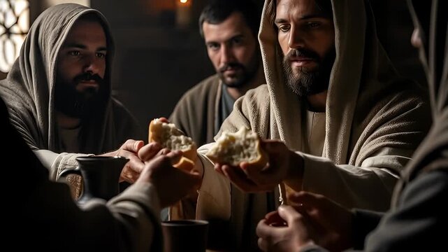 Bearded man in hooded robe breaks bread to share with companions at a wooden table in a dimly lit room, religious concept.