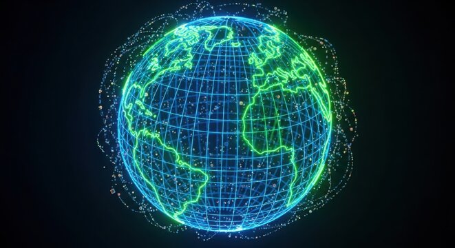 Glowing digital globe with neon grid lines and connections - Powered by Adobe