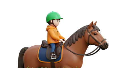 3D Render of Child Riding a Brown Horse with Green Helmet