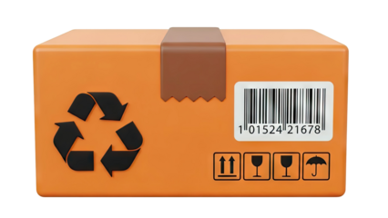 Orange cardboard box with recycling symbol, barcode, and handling icons