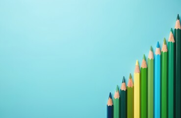 Sharpened colored pencils arranged in ascending order on blue background. Various green hues and yellow and blue pencils create gradient effect. Suitable for art, design, and back to school themes.