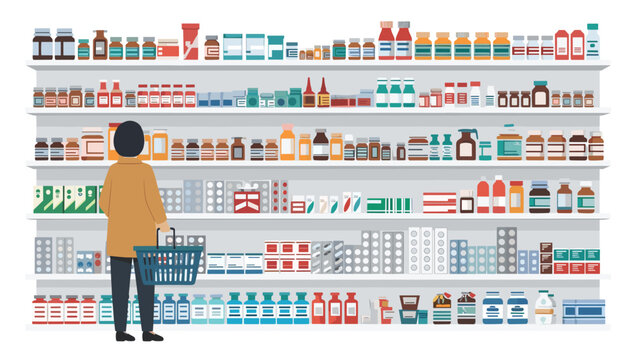 Person with a shopping basket standing in a pharmacy aisle, examining shelves filled with various medications and health products, representing consumer choice and healthcare access.