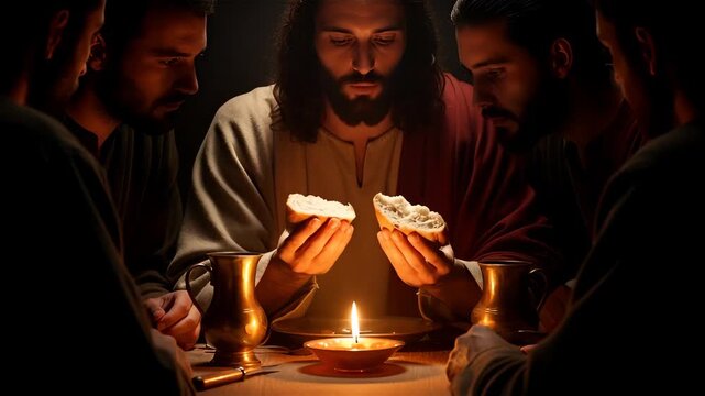 Religious man breaks bread with disciples. Last supper or holy communion offering. Sacrifice and spiritual devotion concept.