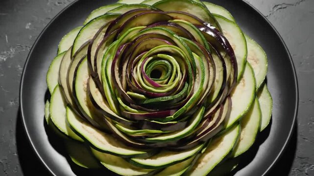 Elegant Zucchini Rose on Dark Plate, Culinary Art, Vegetable Artistry Still Life