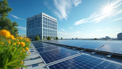 Solar panels on commercial building roof generate electricity. Modern tech installed for sustainable power. Eco-friendly city buildings reduce carbon footprint. Green energy panels at architecture