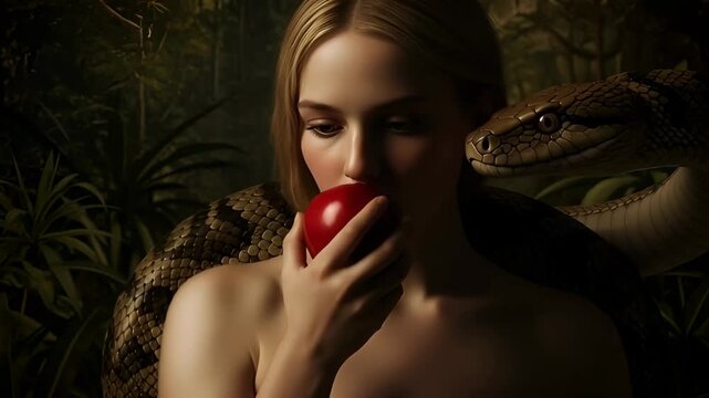 Eve Blonde caucasian woman with snake tempting her with apple in green jungle. Forbidden fruit, temptation, sin concept.
