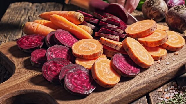 Elevated Vegetable Presentation Sliced Carrots and Beets on A Wooden Cutting Board, Healthy Cuisine