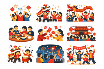 Fototapeta premium Chinese New Year Icon Set Illustrating Festive Crowd and Community Energy Flat Vector