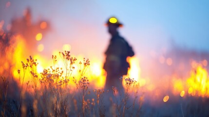 Firefighter stands near controlled burn in field during evening light