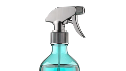 Close-up of a metallic spray bottle with blue liquid