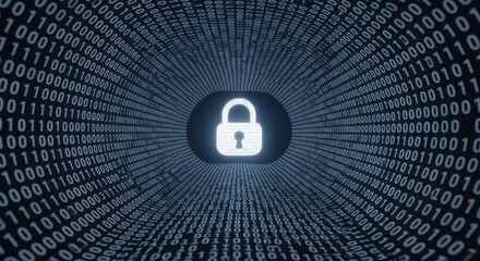 Secure digital tunnel with glowing padlock and binary code
