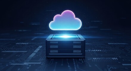 Cloud computing server with glowing blue and pink cloud storage