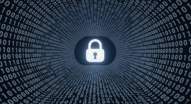 Secure digital tunnel with glowing padlock and binary code - Powered by Adobe