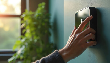 Person adjusts modern smart thermostat on wall, setting room temperature. User controls climate for energy efficiency at home indoors. Human hand operates tech device, managing house temperature,