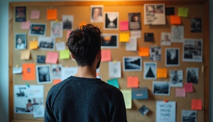Fototapeta premium Man stands before vision board. Board covered with photos notes and inspirational quotes. Person looks towards future goals plans. Idea visualization concept.