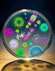 Colorful microbes and cells in a petri dish showing diverse microorganisms in a lab setting