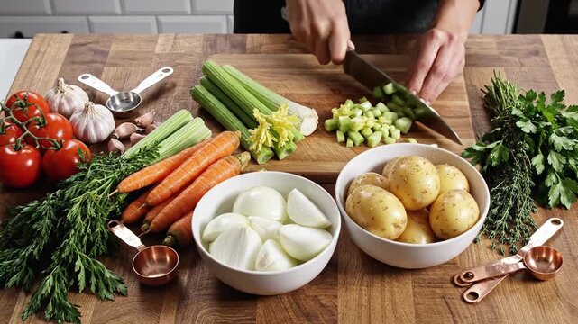 Culinary Preparation Process Fresh Vegetables Being Sliced On A Wooden Cutting Board