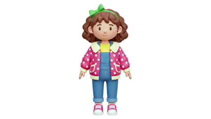 Cute 3D girl character in polka dot jacket and overalls