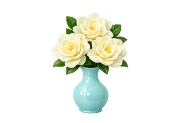 Gardenia flowers blooming in a turquoise ceramic vase, creating a fresh decorative floral arrangement on a transparent background