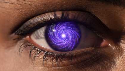 Close up macro shot of a human eye with a swirling purple galaxy reflecting in the pupil, conveying mystery and the cosmos