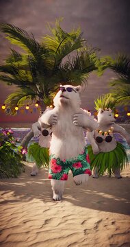 3D Render of Polar Bears on Tropical Beach: Hawaiian Sunset Party. Ideal for Romantic Travel, Tropical Holidays, and Valentine&rsquo;s Day.