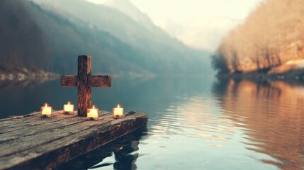 Wooden cross by the water with candles lit during sunset in a quiet location