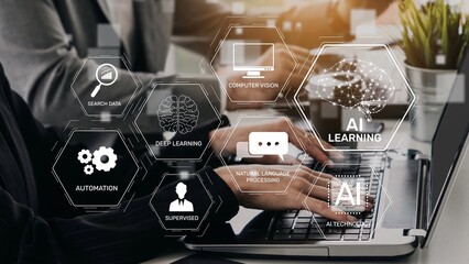 AI learning system involves deep learning, supervised machine learning, and natural language processing. AI learning diagram shows how AI advances learn in automation and data processing. Muxer