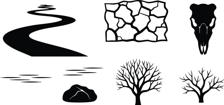 Flat silhouette vector set of barren landscape elements featuring winding road cracked earth animal skull leafless trees scattered rock water ripples in stark black isolated icons
