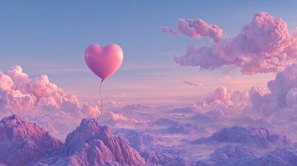 Fototapeta premium A pink heart-shaped balloon floats gently above a serene mountain landscape with fluffy clouds in a blue sky. Valentine day Special