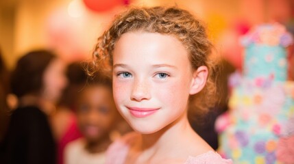 Fototapeta premium Girl smiling at a celebration with balloons and decorations in the background