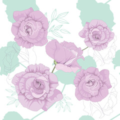 Obraz premium Pastel pink roses with soft shading on a white background, accented by light green shapes and delicate leaf outlines, seamless pattern.