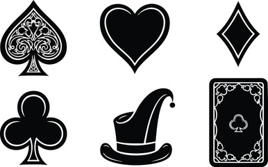 Flat vector playing card suit icons close up spade heart diamond club jester hat and ornate card back isolated on white high contrast silhouette minimal graphic