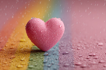 Fototapeta premium Pink heart under rainbow rain on pink background with copy space