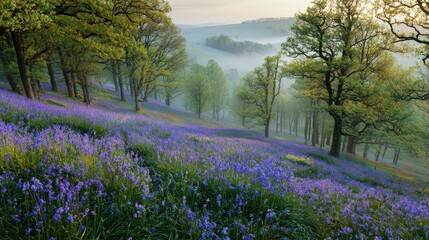 A vibrant forest landscape filled with lush bluebells, sunlight and fog