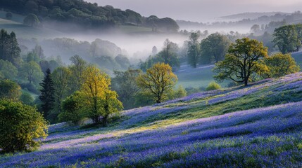 A serene landscape of rolling hills and trees enveloped in mist