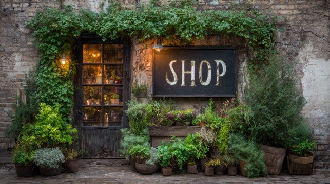 Shop front with plants and lights in a rustic setting near a brick wall