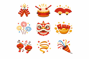 Chinese New Year Icon Pack Representing Traditional Celebratory Motion Elements Flat Vector